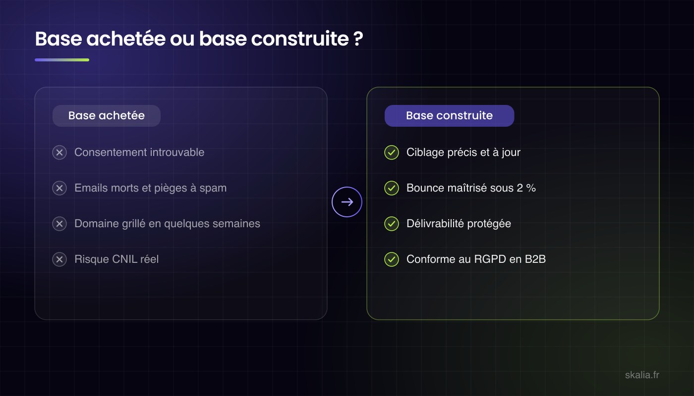 Base d’emails achetée contre base construite : consentement, taux de bounce, délivrabilité du domaine et conformité RGPD comparés