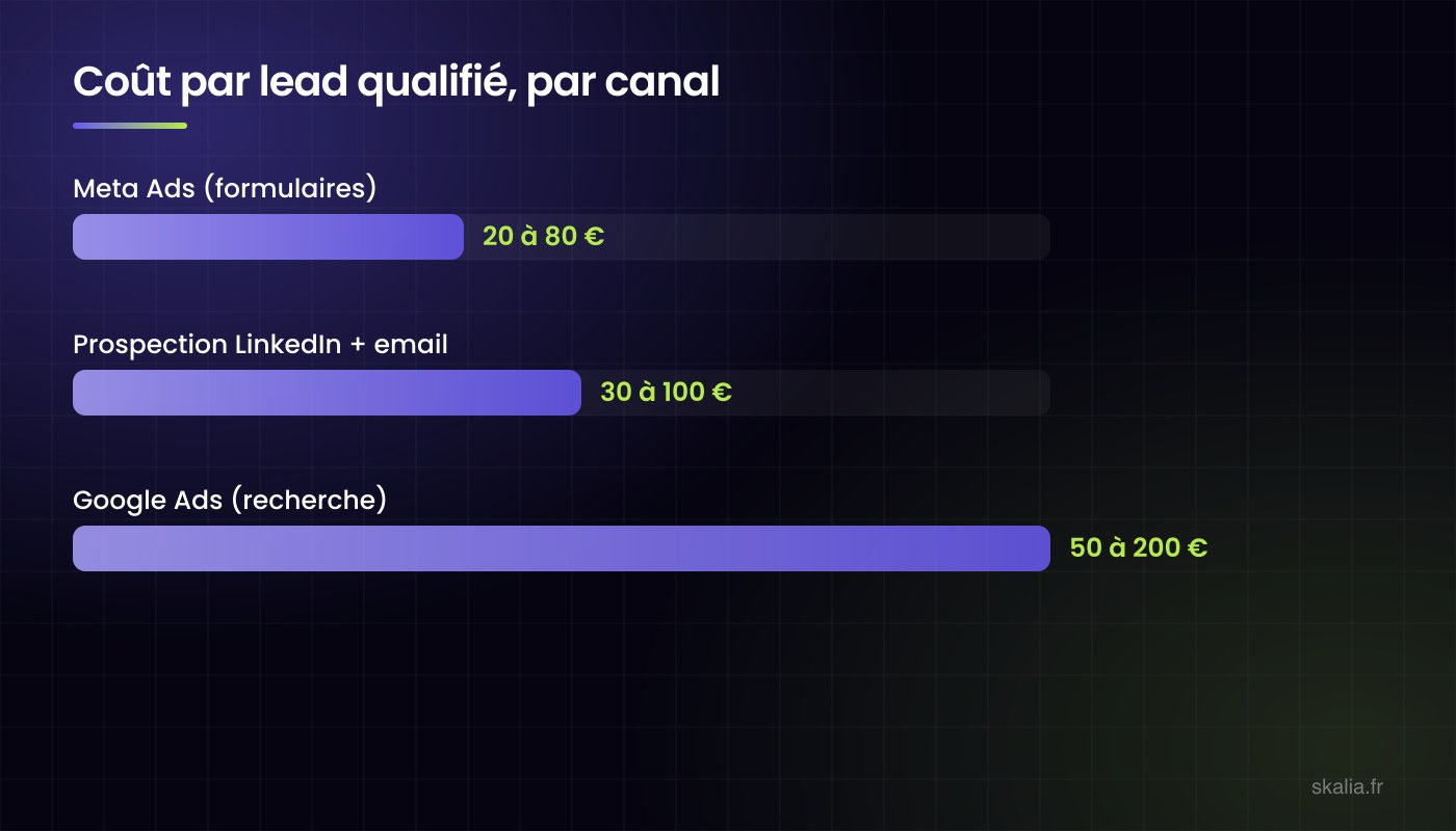 Coût par lead qualifié par canal en B2B : 20 à 80 € en Meta Ads, 30 à 100 € en prospection LinkedIn et email, 50 à 200 € en Google Ads