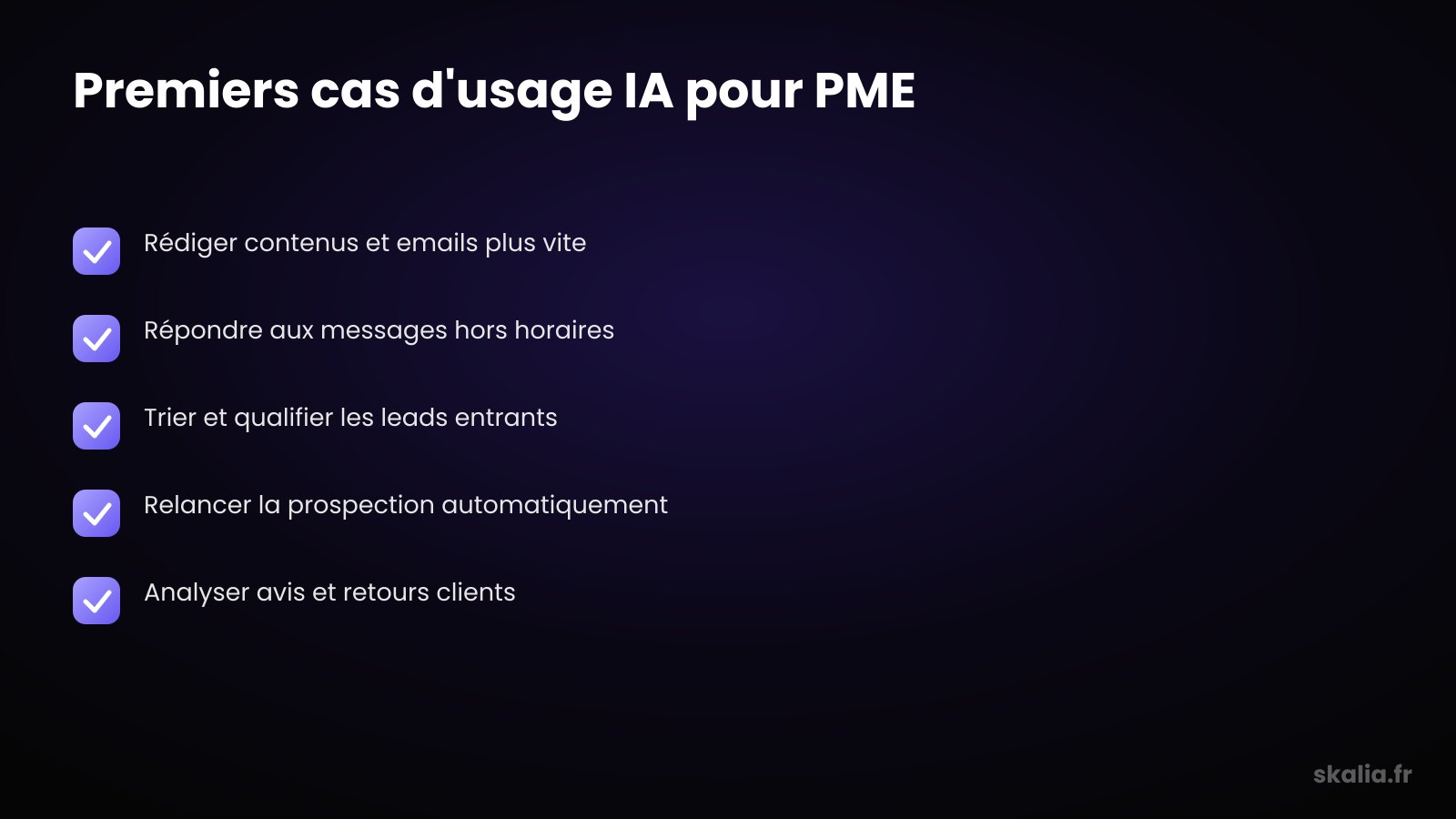 Checklist of first AI marketing use cases for an SME: content, email, prospecting, analysis, customer service