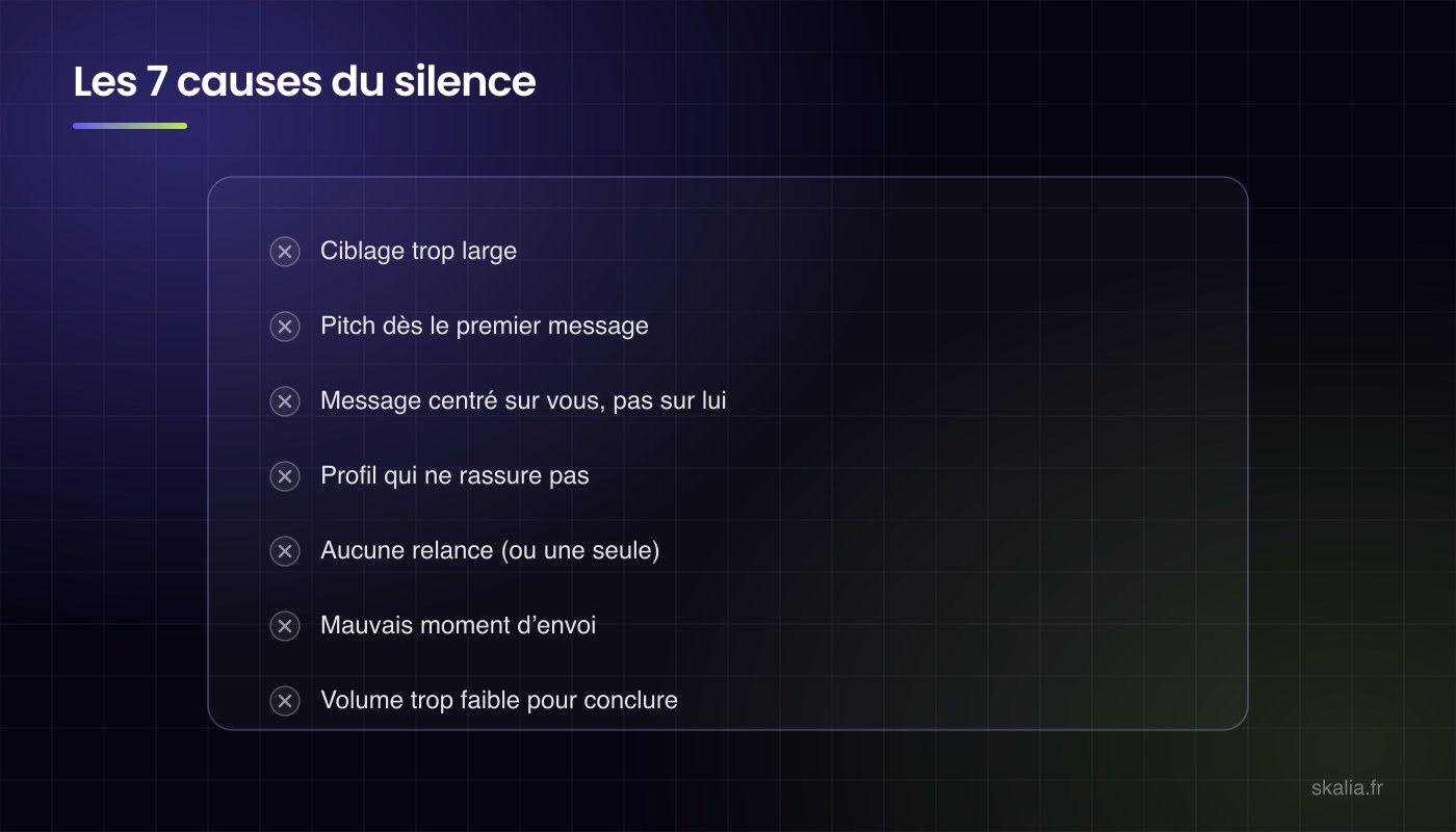 Les 7 causes des messages LinkedIn sans réponse : ciblage trop large, pitch immédiat, message égocentré, profil négligé, absence de relance, mauvais timing, volume insuffisant