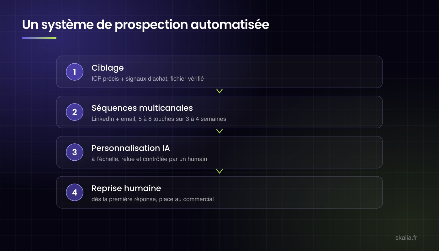 Les 4 étapes d'un système de prospection automatisée par IA : ciblage précis, séquences multicanales LinkedIn et email, personnalisation contrôlée, reprise humaine dès la réponse