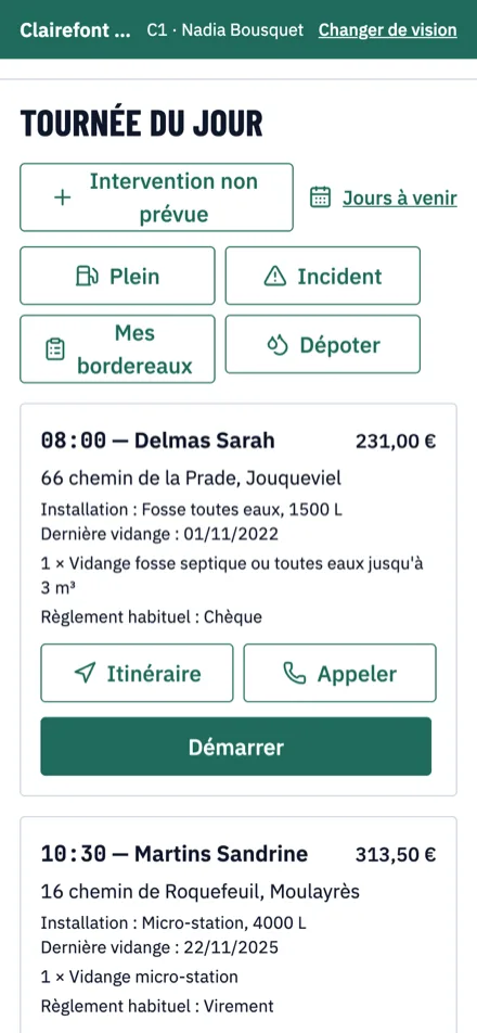 Tournée du jour du chauffeur sur son téléphone : interventions, itinéraire, dépotage